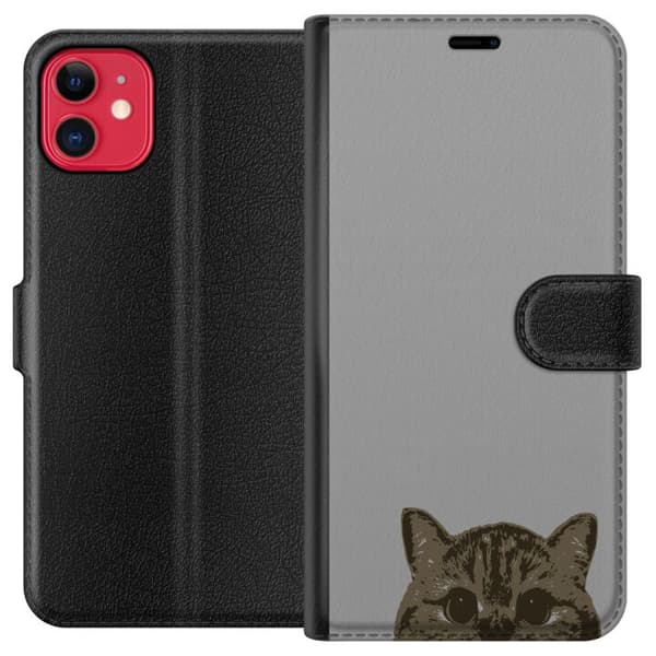 Apple iPhone 11 Plånboksfodral Grå Kattblick – stilren kattdesign med grå bakgrund