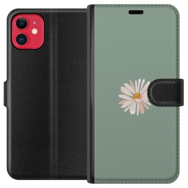 Apple iPhone 11 Plånboksfodral Grön Minimalblomma – stilren blomma på grön bakgrund
