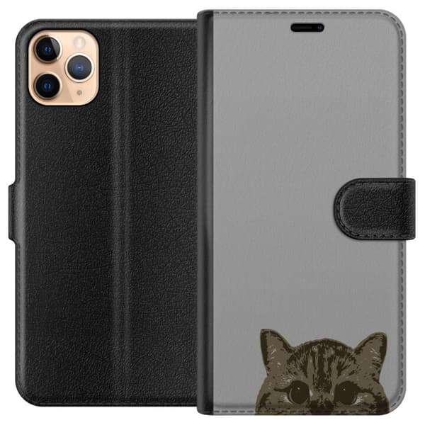 Apple iPhone 11 Pro Max Lompakkokotelo Harmaa kissan katse - tyylikäs kissa suunnittelu harmaalla taustalla