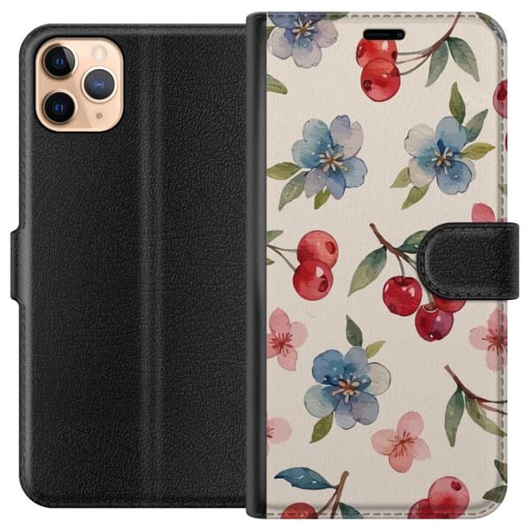 Apple iPhone 11 Pro Max Tegnebogsetui Bær & Blomster - mønster med blå blomster og skovbær
