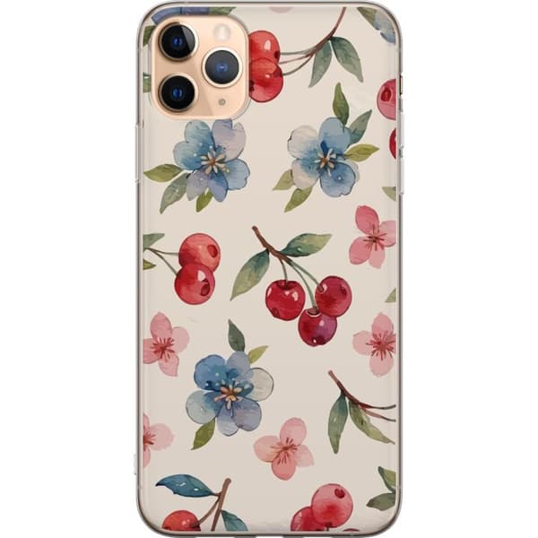 Apple iPhone 11 Pro Max Gennemsigtig cover Bær & Blomster - mønster med blå blomster og skovbær