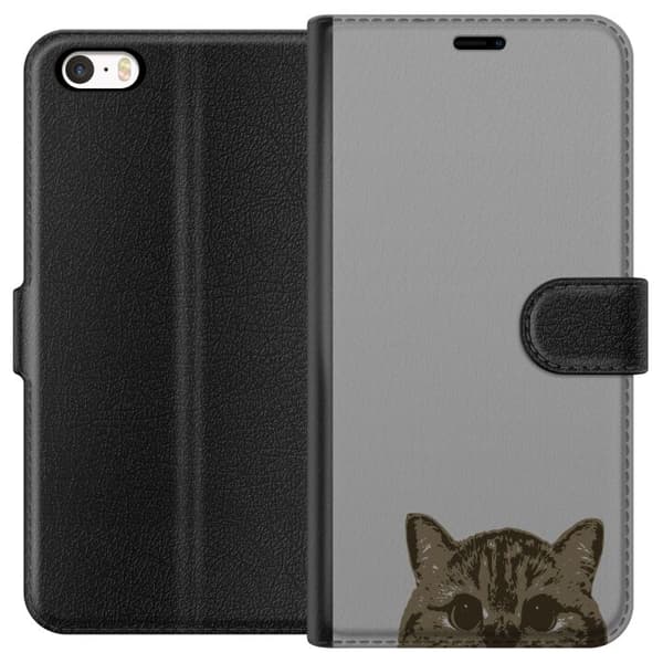 Apple iPhone 5s Plånboksfodral Grå Kattblick – stilren kattdesign med grå bakgrund
