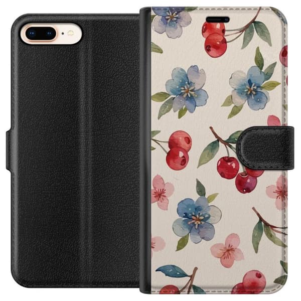 Apple iPhone 8 Plus Tegnebogsetui Bær & Blomster - mønster med blå blomster og skovbær