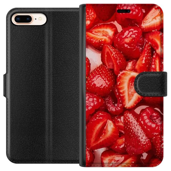 Apple iPhone 8 Plus Lompakkokotelo Mansikkakuviointi - makea motiivi kesäfiiliksellä
