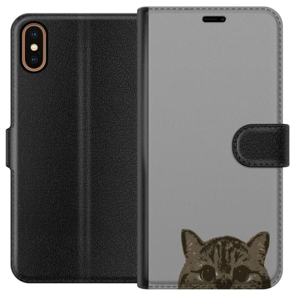 Apple iPhone X Tegnebogsetui Grå Katteblik - stilfuld kat design med grå baggrund