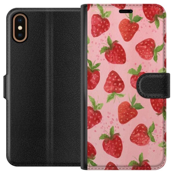 Apple iPhone X Plånboksfodral Strawberry Dreams – jordgubbsmönster i retrostil