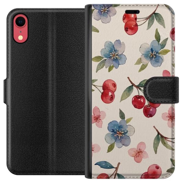 Apple iPhone XR Lommeboketui Bær & Blomster - mønster med blå blomster og skogsbær