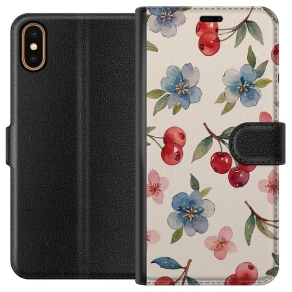 Apple iPhone XS Lommeboketui Bær & Blomster - mønster med blå blomster og skogsbær
