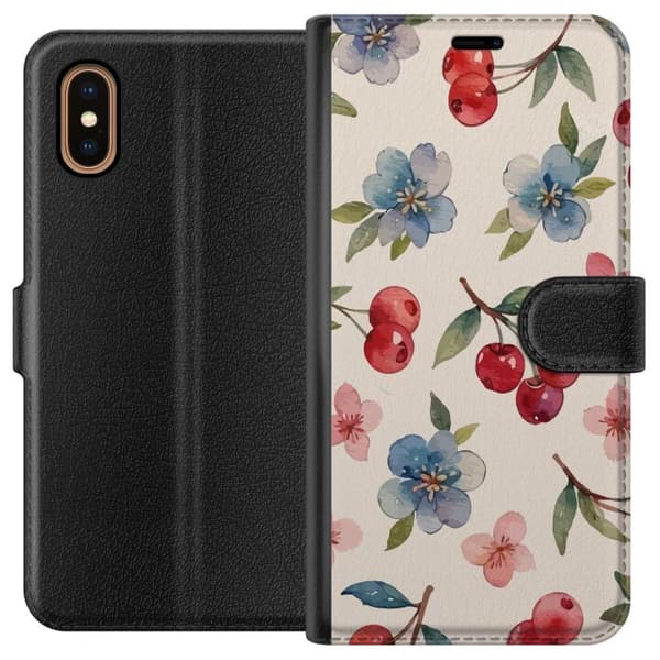 Apple iPhone XS Max Lompakkokotelo Marjat & Kukat - kuvio, jossa on sinisiä kukkia ja metsänmarjoja