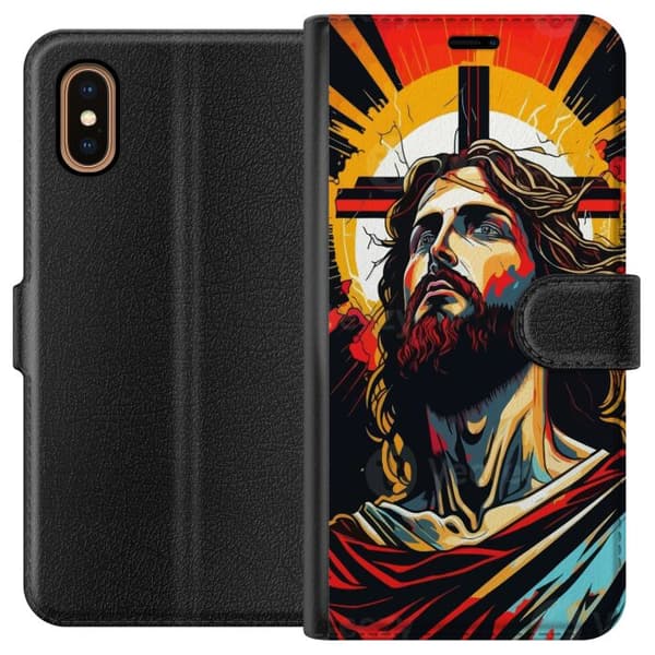 Apple iPhone XS Max Lompakkokotelo Jeesus ja Kortti - uskonnollinen motiivi syvällä symboliikalla