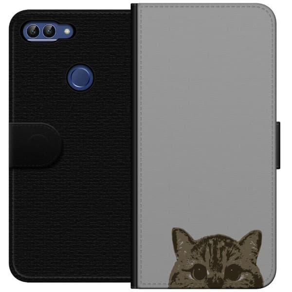 Huawei P smart Plånboksfodral Grå Kattblick – stilren kattdesign med grå bakgrund