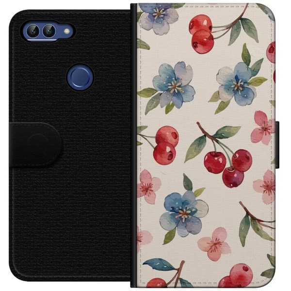 Huawei P smart Tegnebogsetui Bær & Blomster - mønster med blå blomster og skovbær