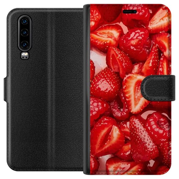 Huawei P30 Lompakkokotelo Mansikkakuviointi - makea motiivi kesäfiiliksellä