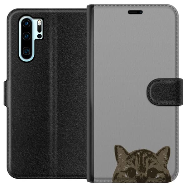 Huawei P30 Pro Plånboksfodral Grå Kattblick – stilren kattdesign med grå bakgrund
