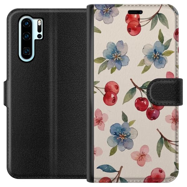 Huawei P30 Pro Tegnebogsetui Bær & Blomster - mønster med blå blomster og skovbær
