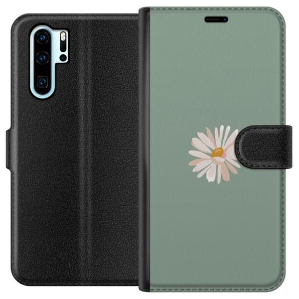 Huawei P30 Pro Lompakkokotelo Vihreä Minimalikukka - tyylikäs kukka vihreällä taustalla