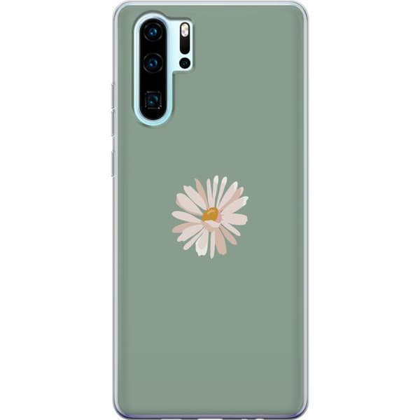 Huawei P30 Pro Genomskinligt Skal Grön Minimalblomma – stilren blomma på grön bakgrund