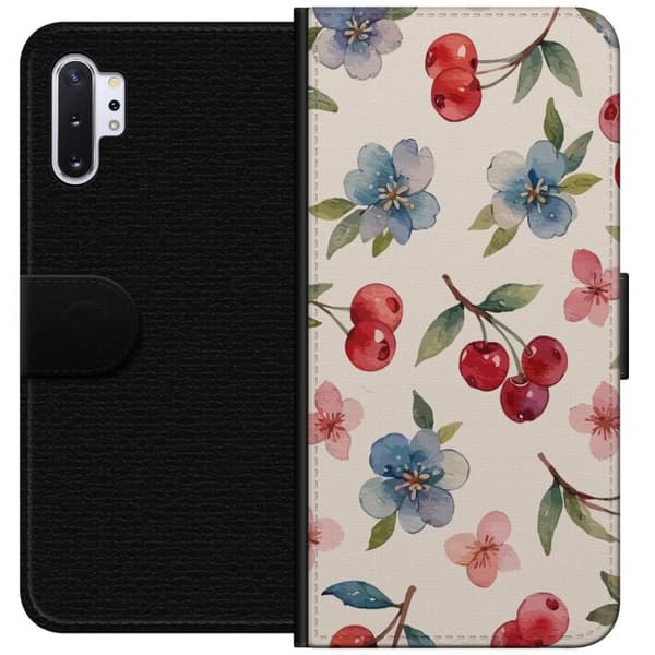 Samsung Galaxy Note10+ Lompakkokotelo Marjat & Kukat - kuvio, jossa on sinisiä kukkia ja metsänmarjoja
