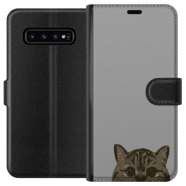 Samsung Galaxy S10 Lompakkokotelo Harmaa kissan katse - tyylikäs kissa suunnittelu harmaalla taustalla