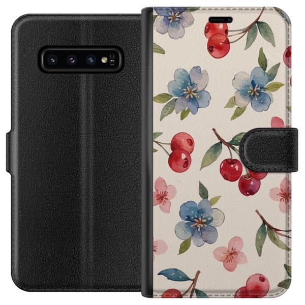 Samsung Galaxy S10 Lompakkokotelo Marjat & Kukat - kuvio, jossa on sinisiä kukkia ja metsänmarjoja