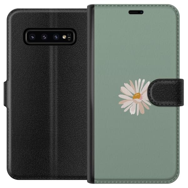 Samsung Galaxy S10 Plånboksfodral Grön Minimalblomma – stilren blomma på grön bakgrund