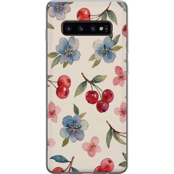 Samsung Galaxy S10 Gjennomsiktig deksel Bær & Blomster - mønster med blå blomster og skogsbær