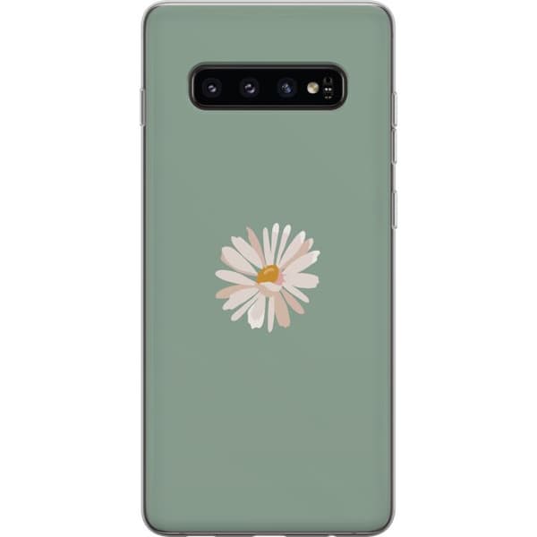 Samsung Galaxy S10 Genomskinligt Skal Grön Minimalblomma – stilren blomma på grön bakgrund