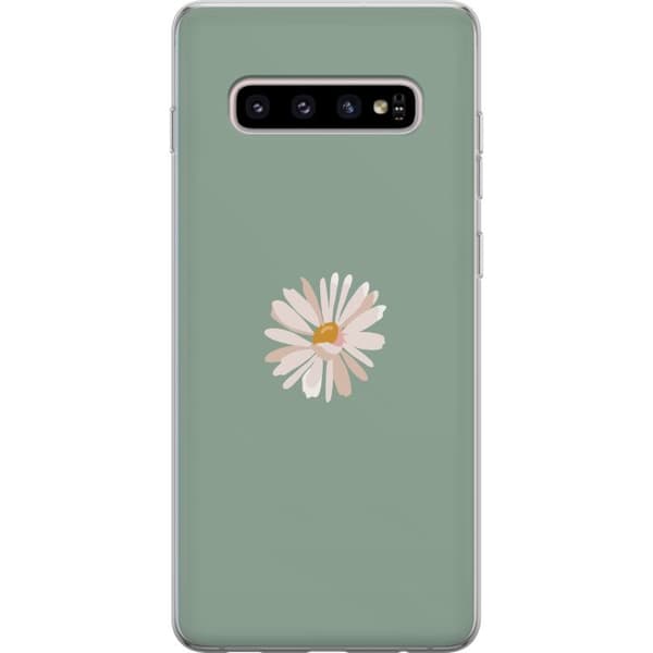 Samsung Galaxy S10+ Genomskinligt Skal Grön Minimalblomma – stilren blomma på grön bakgrund