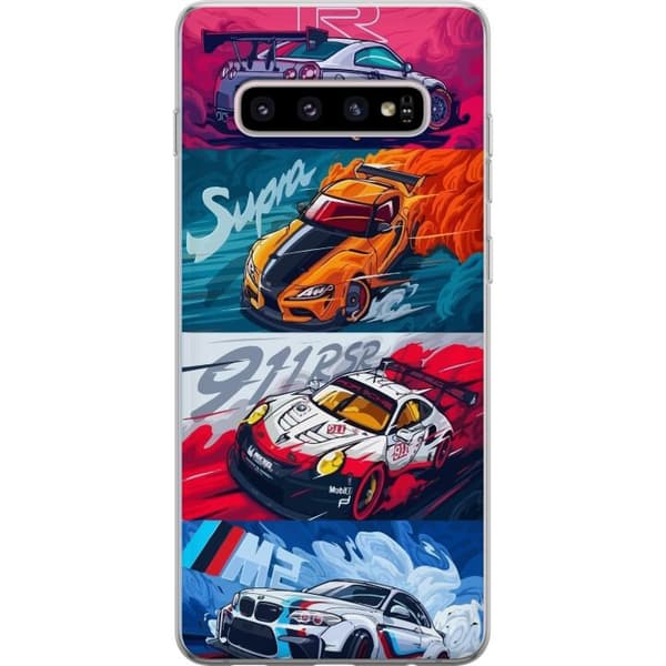 Samsung Galaxy S10+ Genomskinligt Skal Fartfyllda Bilar – tecknat mönster med action