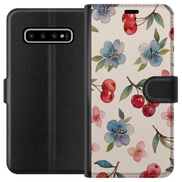 Samsung Galaxy S10+ Plånboksfodral Bär & Blommor – mönster med blå blommor och skogsbär