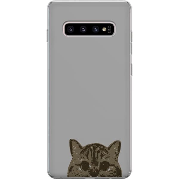 Samsung Galaxy S10+ Genomskinligt Skal Grå Kattblick – stilren kattdesign med grå bakgrund
