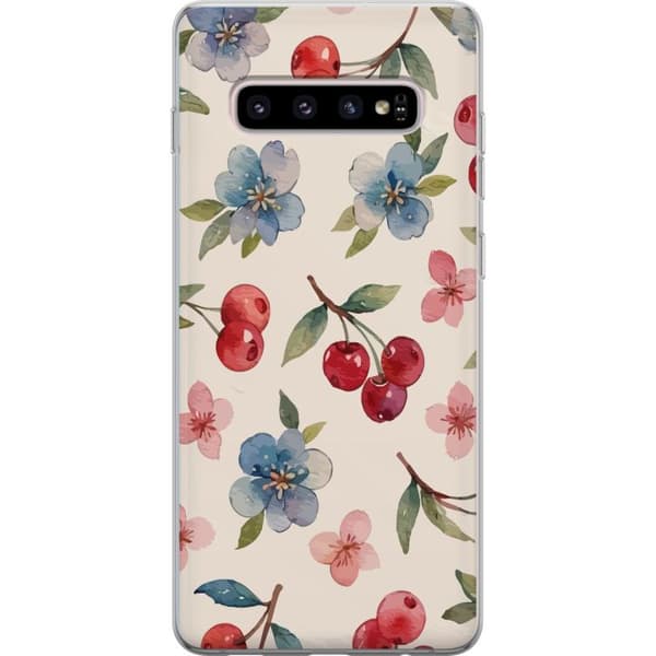 Samsung Galaxy S10+ Genomskinligt Skal Bär & Blommor – mönster med blå blommor och skogsbär