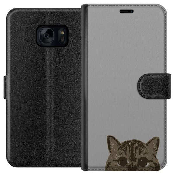 Samsung Galaxy S7 Lommeboketui Grå Kattblikk - stilren katte design med grå bakgrunn