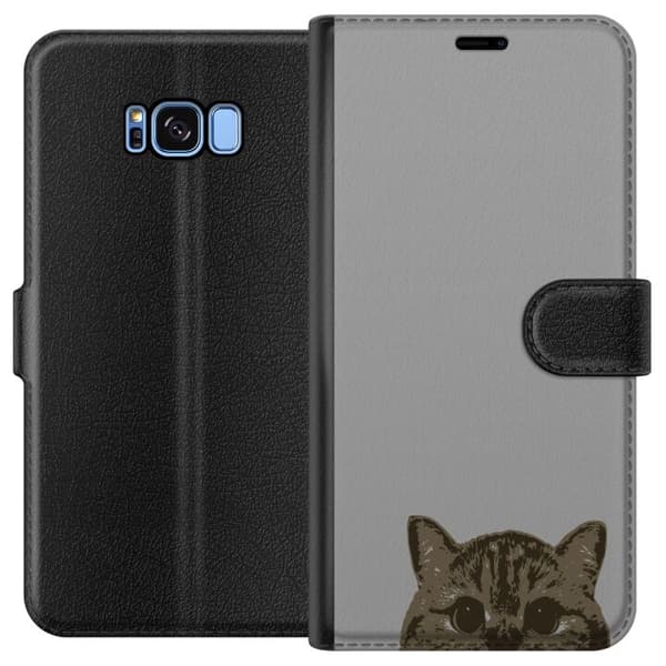 Samsung Galaxy S8 Tegnebogsetui Grå Katteblik - stilfuld kat design med grå baggrund