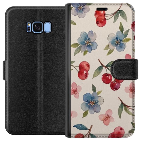 Samsung Galaxy S8 Tegnebogsetui Bær & Blomster - mønster med blå blomster og skovbær