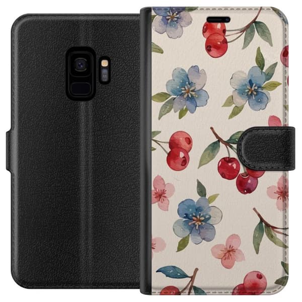 Samsung Galaxy S9 Lommeboketui Bær & Blomster - mønster med blå blomster og skogsbær