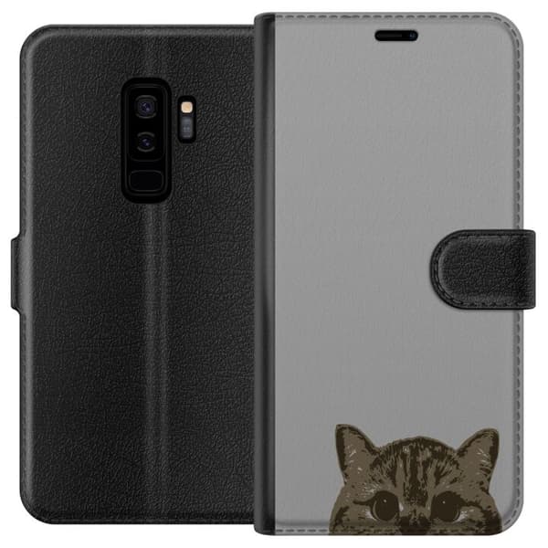 Samsung Galaxy S9+ Lompakkokotelo Harmaa kissan katse - tyylikäs kissa suunnittelu harmaalla taustalla
