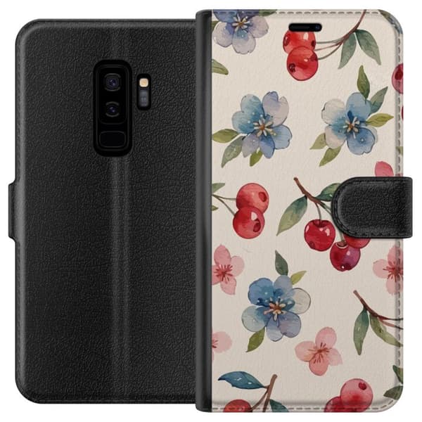 Samsung Galaxy S9+ Lompakkokotelo Marjat & Kukat - kuvio, jossa on sinisiä kukkia ja metsänmarjoja