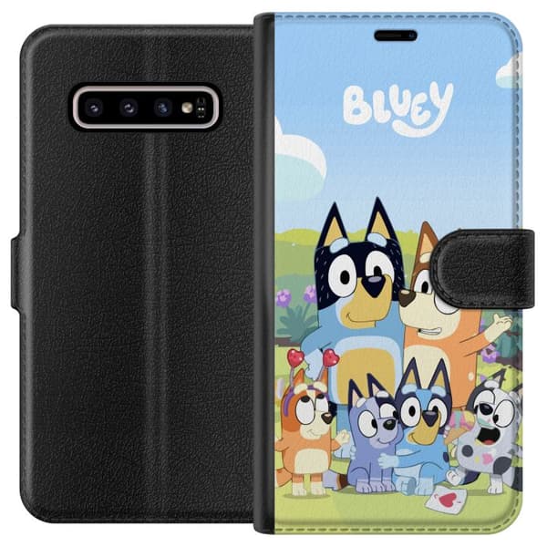 Samsung Galaxy S10+ Tegnebogsetui Bluey mobilcover med hele familien i farverigt design