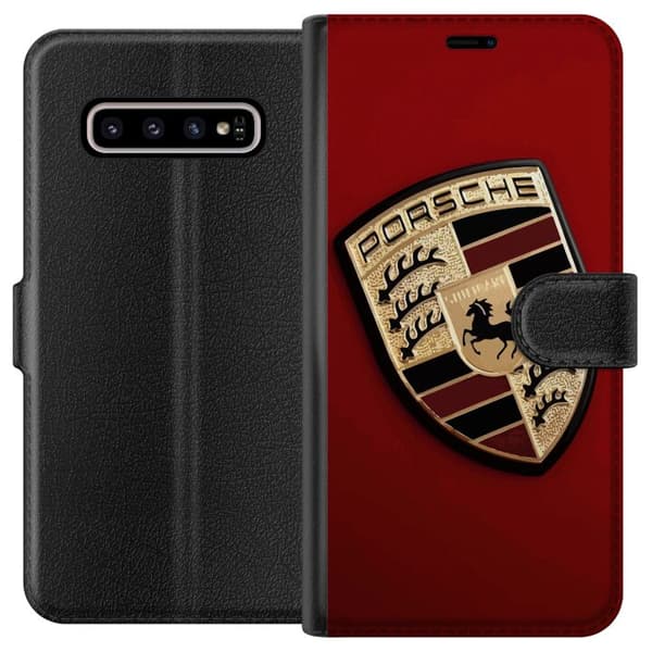 Samsung Galaxy S10+ Plånboksfodral Mobilskal med stilren Porce logotyp i svartvitt