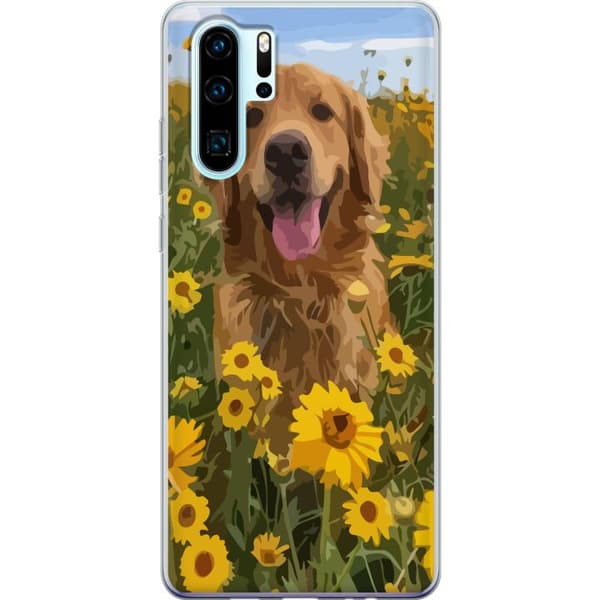Huawei P30 Pro Genomskinligt Skal Golden Retriever Solrosfält Hundmotiv Natur Sommar Design Populärt Hundras Familjefavorit