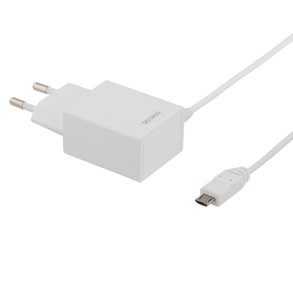 DELTACO Vægoplader 230V til 5V USB, <b>1A</b>, 1x USB Micro B, 1m, hv