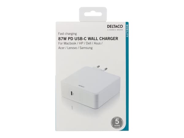 DELTACO USBC-AC117 - Strømadapter - 87 watt - Fast Charge, PD (24 pin USB-C) - hvit