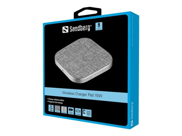 Sandberg Wireless Charger Pad 15W, Sisätila, USB, Langaton lataaminen, Harmaa