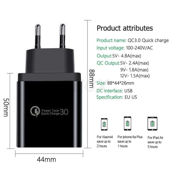 4 Port Snabbladdning 4,8A väggladdare QC3.0