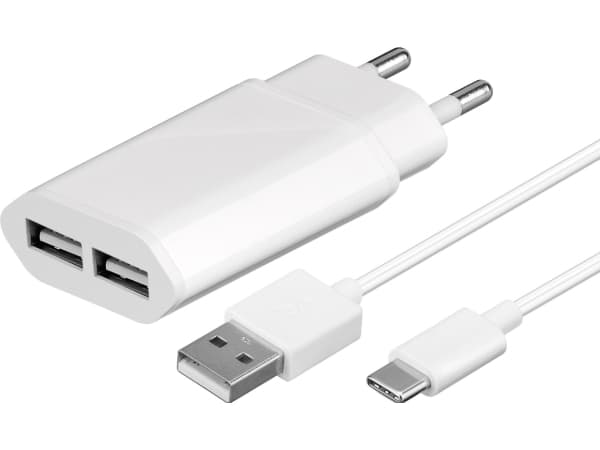 MicroConnect - Strømadapter - 2.4 A - 2 utgangskontakter (USB) - på kabel: USB-C - hvit