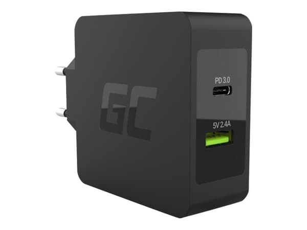 Green Cell - Strømadapter - 45 watt - PD 3.0 - 2 utgangskontakter (USB, 24 pin USB-C) - på kabel: USB-C - svart
