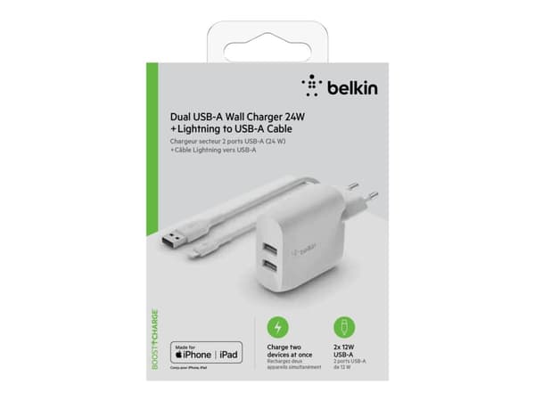 Belkin BoostCharge - Strömadapter - 24 Watt - 2 utdatakontakter (USB) - vit