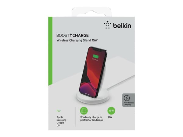 Belkin BoostCharge - Trådløs ladepute + AC-strømadapter - 15 watt - hvit - for Apple iPhone 11, 11 Pro, 11 Pro Max, 8, 8 Plus, X, XR, XS, XS Max; Sam
