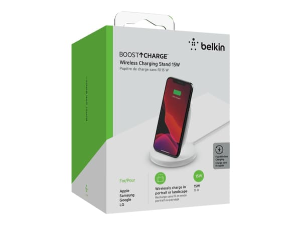 Belkin BoostCharge - Trådløs ladepute + AC-strømadapter - 15 watt - hvit - for Apple iPhone 11, 11 Pro, 11 Pro Max, 8, 8 Plus, X, XR, XS, XS Max; Sam